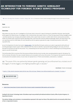 Image for An Introduction to Forensic Genetic Genealogy Technology for Forensic Science Service Providers