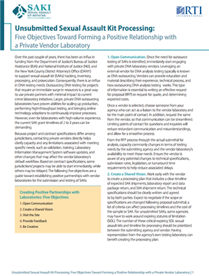 Image for Unsubmitted Sexual Assault Kit Processing: Five Objectives Toward Forming a Positive Relationship with a Private Vendor Laboratory